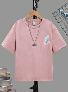 SHEIN Tween 男童鸟与标语印花宽松落肩 T 恤，休闲夏季日常穿着