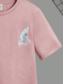 SHEIN Tween 男童鸟与标语印花宽松落肩 T 恤，休闲夏季日常穿着