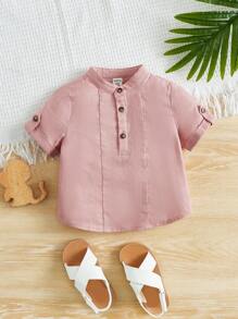 SHEIN 嬰兒男孩半扣卷袖襯衫,休閒簡約,適合夏季穿著 - 藕粉色 - 查看 1