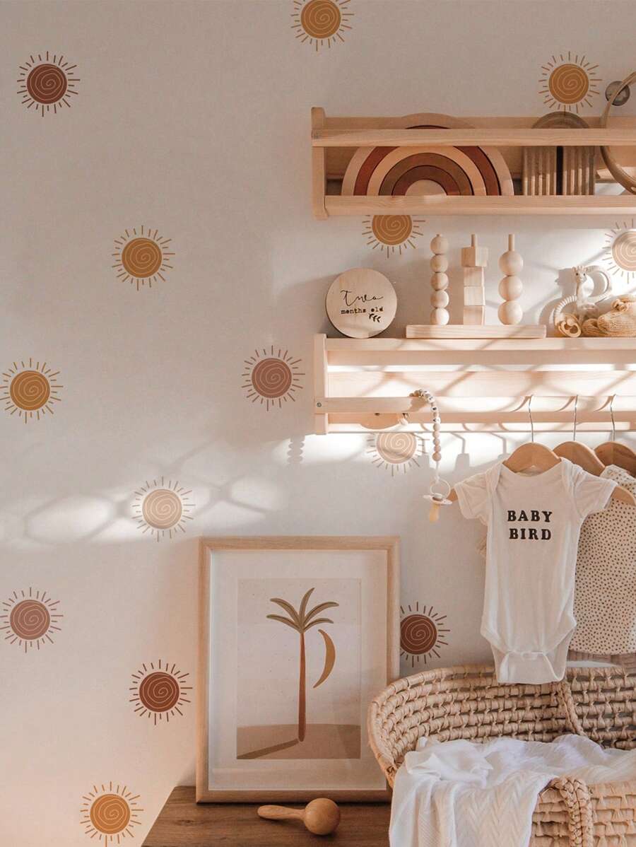6 miếng dán tường phong cách Boho Sun Nordic trang trí nhà cửa, decal dán tường hình mặt trời tự dính, chống thấm nước, hình hoạt hình phong cách Bohemia, tranh dán tường trang trí nội thất phòng. - Màu be - Xem 1