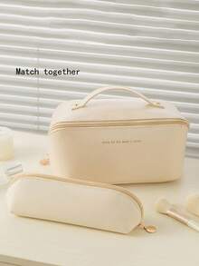 1 件便携式收纳袋，简约纯色洗漱用品收纳袋，适合旅行，波西米亚风，适合度假海滩、浴室收纳、卧室收纳，大容量 - 米色 - 查看 3