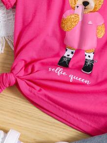 SHEIN Camiseta rosa con cuello redondo y bonita impresión de oso para niñas jóvenes, adecuada para el verano, actividades al aire libre y varias ocasiones, cómoda y divertida de usar - Rosa Fucsia - Ver 4