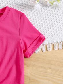 SHEIN Camiseta rosa con cuello redondo y bonita impresión de oso para niñas jóvenes, adecuada para el verano, actividades al aire libre y varias ocasiones, cómoda y divertida de usar - Rosa Fucsia - Ver 6