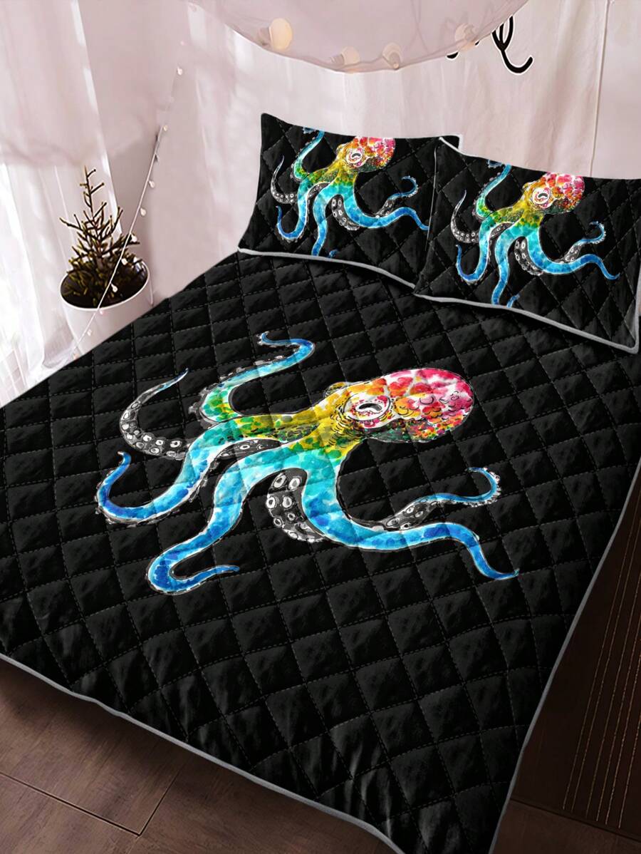 3pcs/set Octopus Pattern Bedspread Set, Modern Polyester Bedspread Set For Bedroom,  All Season - Multicolor - View 1