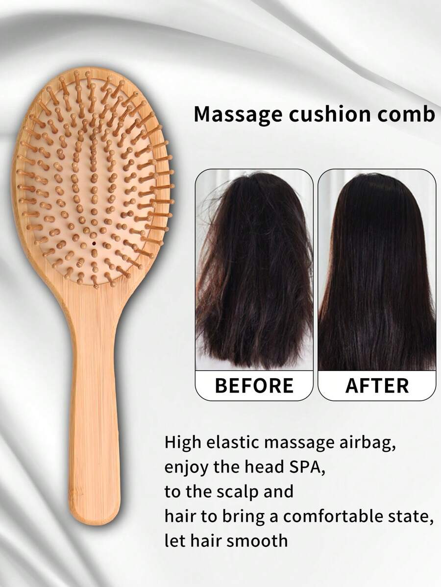 Bamboo Oval Massage Cushion Comb Hair Brush - Apricot - View 1