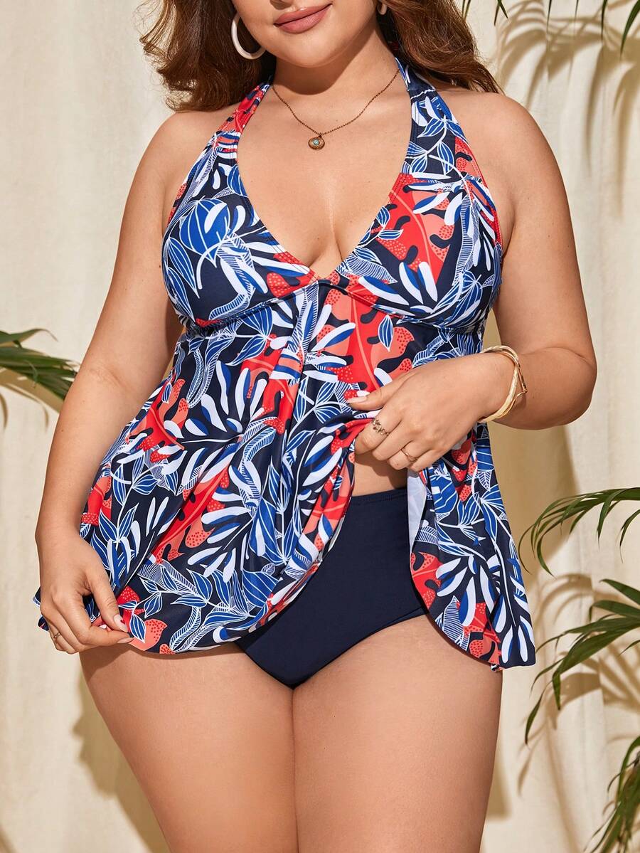 Plus Size In nhiệt đới Halter Tankini Bãi biển mùa hè - Nhiều màu - Xem 1