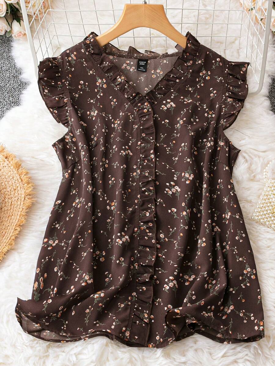 SHEIN LUNE Áo sơ mi Plus Size viền lá sen Cao thấp Xù Họa tiết hoa Boho - Cà phê nâu - Xem 1