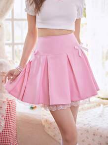 ROMWE Kawaii 蕾絲拼接褶皺面料蝴蝶結裝飾半身裙 - 粉色 - 查看 1