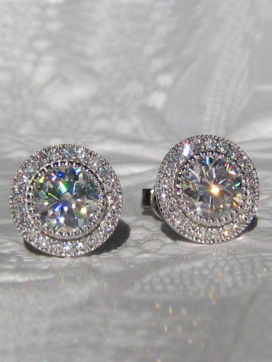 1 Đôi Bông Tai Đính Đá Cubic Zirconia Sang Trọng Trang Trí Cho Phụ Nữ Để Trang Trí Hàng Ngày - Bạc - Xem 1