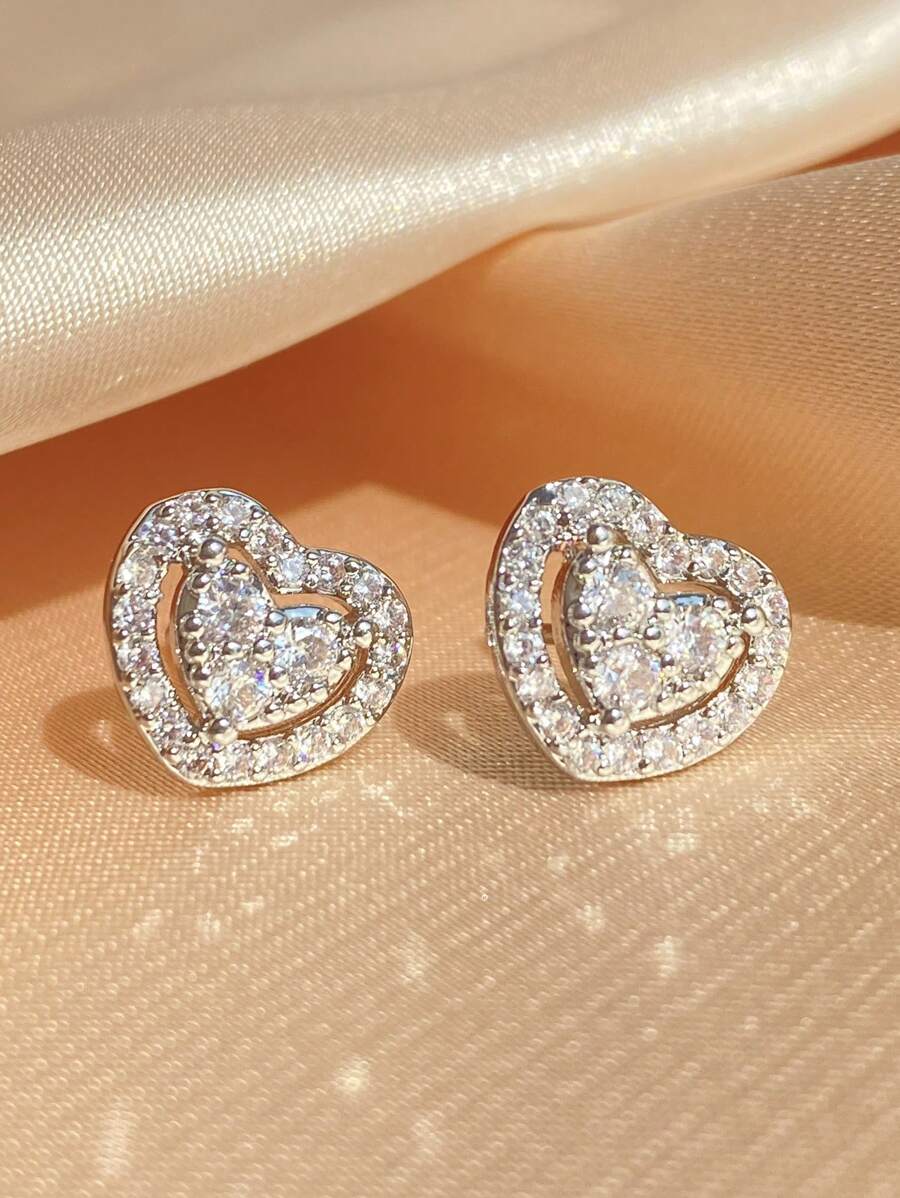 rakol 2 Cái/bộ Đồng Quyến Rũ Đính Đá Cubic Zirconia Trang Trí Trái Tim Bông Tai Nữ Cho Cuộc Sống Hàng Ngày Cho Đảng Dự Tiệc Cưới - Bạc - Xem 1