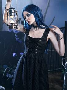 ROMWE Goth Striped Lace Up Asymmetrical Hem Dress - Black - View 4