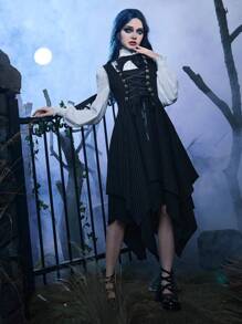 ROMWE Goth Striped Lace Up Asymmetrical Hem Dress - Black - View 6