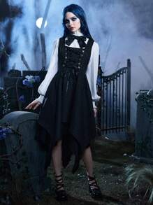 ROMWE Goth Striped Lace Up Asymmetrical Hem Dress - Black - View 7