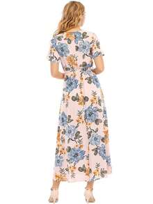 Floral Print Belted Wrap Dress - Apricot - View 2
