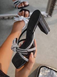 Rhinestone Decor Chunky Heeled Mule Sandals - Black - View 1