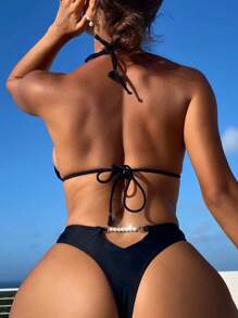 Swim SXY Faux Pearl Decor Bikini Bottom Summer - Black - View 1