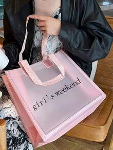 Clear Bag, Letter Print Shopper Bag Pink Large Capacity For Daily - Pink - View 2