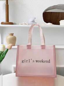 Clear Bag, Letter Print Shopper Bag Pink Large Capacity For Daily - Pink - View 5