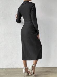 Chiquease Vestido camisero unicolor fruncido con cordón delantero - Negro - Ver 2