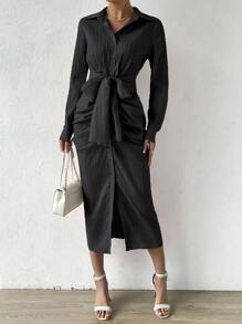 Chiquease Vestido camisero unicolor fruncido con cordón delantero - Negro - Ver 3