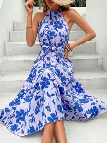 SHEIN VCAY Floral Print Belted Halter Dress - Multicolor - View 1