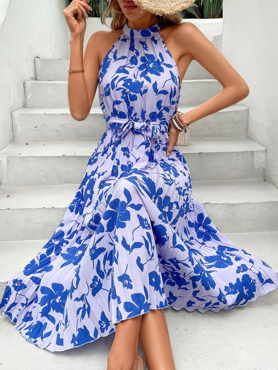 SHEIN VCAY Floral Print Belted Halter Dress - Multicolor - View 1