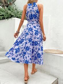 SHEIN VCAY Floral Print Belted Halter Dress - Multicolor - View 2