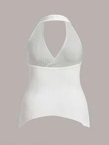 SHEIN EZwear Áo hai dây Plus Size Bất đối xứng Nhẫn Trọn gói màu trơn Giải trí - trắng - Xem 2