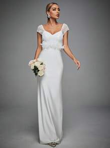 Contrast Lace Mermaid Hem Wedding Dress - White - View 5