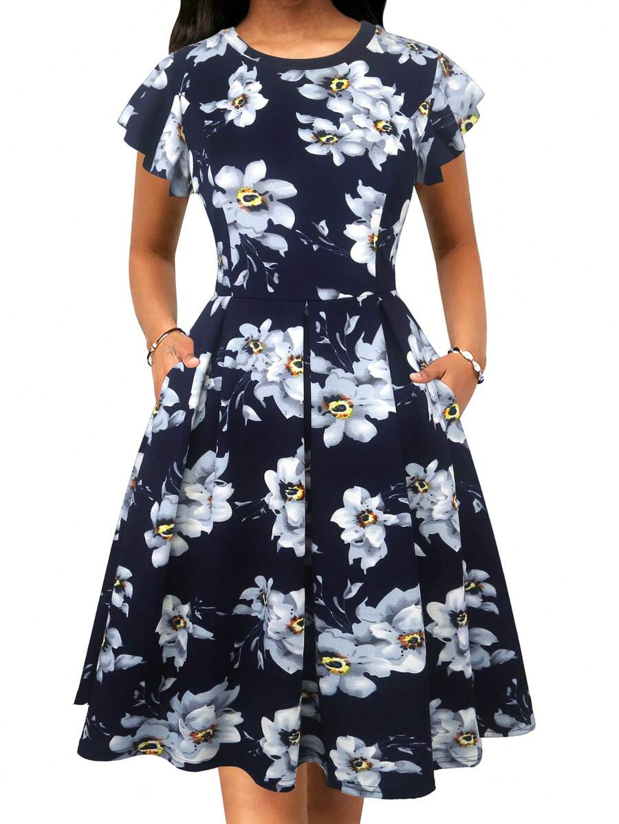 Floral Print Hidden Pocket Dress - Navy Blue - View 1