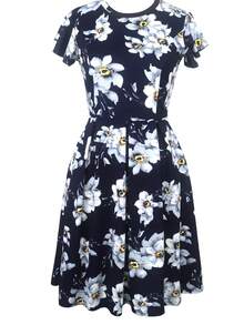 Floral Print Hidden Pocket Dress - Navy Blue - View 2