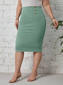 SHEIN Clasi Váy Plus Size Nút màu trơn Thanh lịch - Màu xanh Bạc hà - Xem 3
