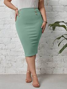 SHEIN Clasi Váy Plus Size Nút màu trơn Thanh lịch - Màu xanh Bạc hà - Xem 4