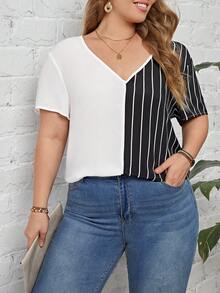 SHEIN LUNE Blusa con estampado de rayas de dos tonos - Blanco y Negro - Ver 4