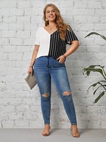 SHEIN LUNE Blusa con estampado de rayas de dos tonos - Blanco y Negro - Ver 5