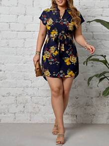 SHEIN Clasi Plus Floral Print Notched Neck Belted Dress, Summer,Beach Dress Sundress,Holiday Outfits Boho