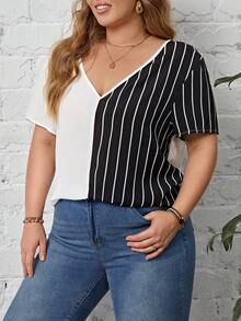 SHEIN LUNE Blusa con estampado de rayas de dos tonos - Blanco y Negro - Ver 6