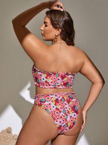 SHEIN Swim Curve Bộ Bikini Bandeau Plus Kích Thước Đi Biển Mùa Hè Họa Tiết Hoa Họa Tiết Viền Bandeau - Nhiều màu - Xem 2