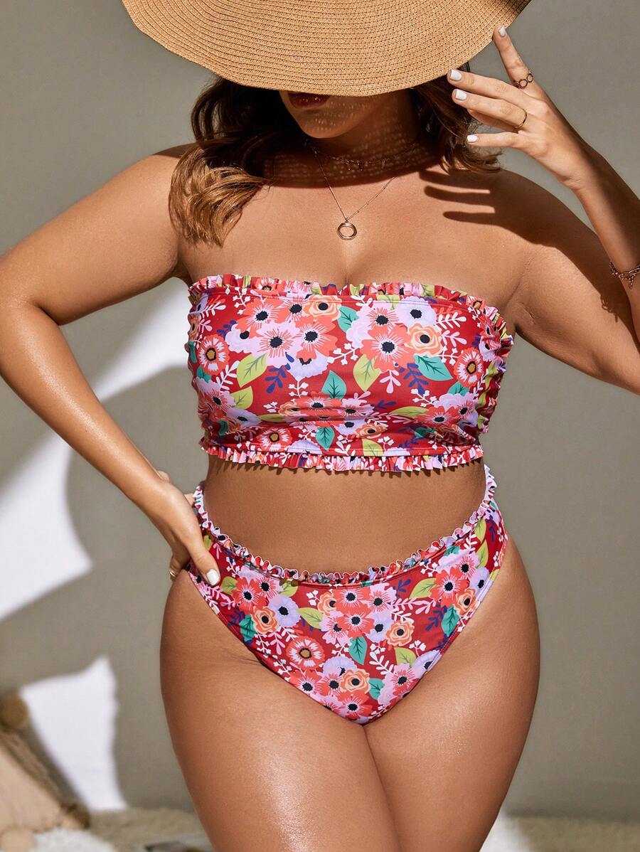 SHEIN Swim Curve Bộ Bikini Bandeau Plus Kích Thước Đi Biển Mùa Hè Họa Tiết Hoa Họa Tiết Viền Bandeau - Nhiều màu - Xem 1