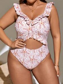 SHEIN 大碼滿版印花荷葉邊鏤空連體泳衣 - 彩色 - 查看 5