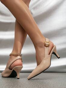 女士高跟尖头浅口鞋，黑色露跟镂空踝带凉鞋，优雅新娘婚鞋，猫跟 - 杏色 - 查看 5