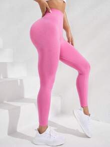 Yoga Basic Wide Waistband Sports Leggings - Pink - View 3