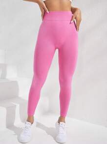 Yoga Basic Wide Waistband Sports Leggings - Pink - View 6