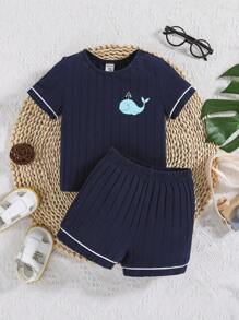 SHEIN Bebé niño Conjunto de pijama con estampado de ballena ribete en contraste - Azul Marino - Ver 1