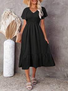 Solid Butterfly Sleeve Ruffle Hem Dress