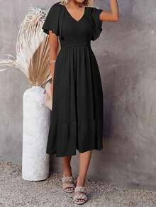 Solid Butterfly Sleeve Ruffle Hem Dress