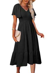 Solid Butterfly Sleeve Ruffle Hem Dress