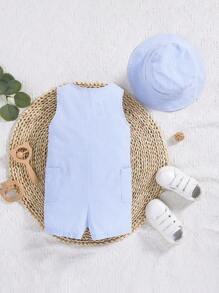 SHEIN Baby Boy Button Front Dual Pocket Romper With Hat - Blue and White - View 2