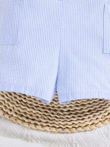 SHEIN Baby Boy Button Front Dual Pocket Romper With Hat - Blue and White - View 5