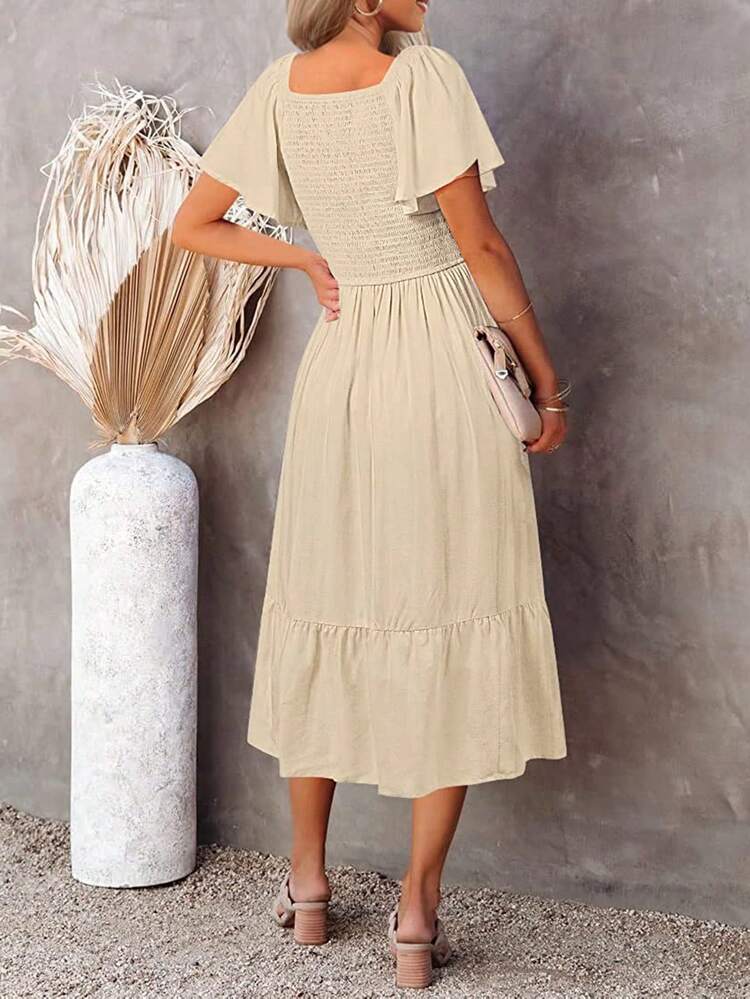 Đầm Viên lá sen Dải chun màu trơn Boho - Màu be - Xem 2